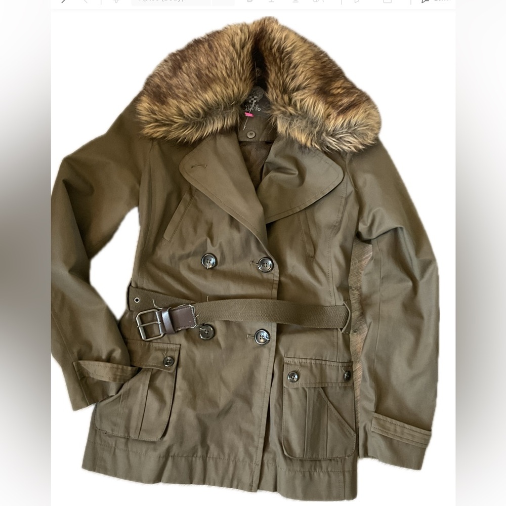 Vince Camuto Khaki Belted  Utility Jacket with Faux Fur Collar